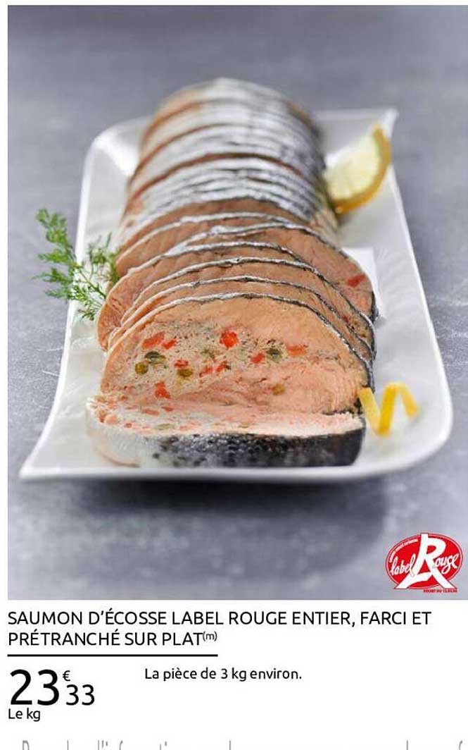 saumon d'écosse label rouge entier, farci et prétranché sur plat