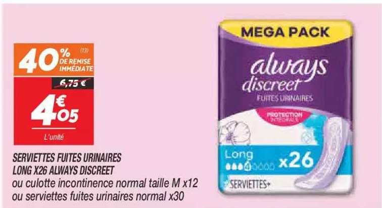 serviettes fuites urinaires long x26 always discreet