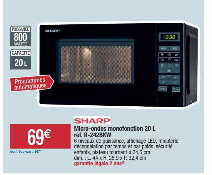 sharp micro-ondes monofonction 20 l