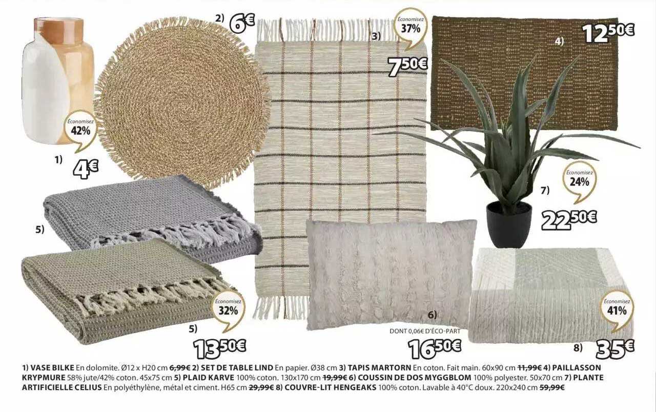 vase bilke, set de table lind, tapis martorn, paillasson krypmure, plaid karve, coussin de dos myggblom, plante artificielle celius, couvre-lit hengeaks