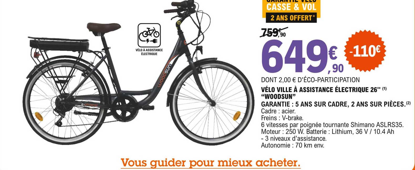 vélo ville à assistance électrique 26" "woodsun"