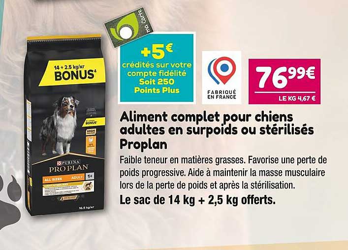 aliment complet pour chiens adultes en surpoids ou stérilisés proplan