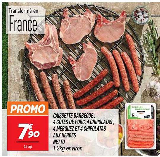 Caissette Barbecue : 4 Côtes De Porc, 4 Chipolatas, 4 Merguez Et 4 Chipolatas Aux Herbes Netto