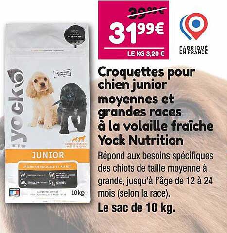 croquettes pour chien junior moyennes et grandes races à la volaille fraîche yock nutrition