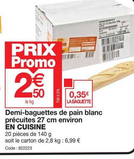 demi-baguettes de pain blanc précuites 27 cm environ en cuisine
