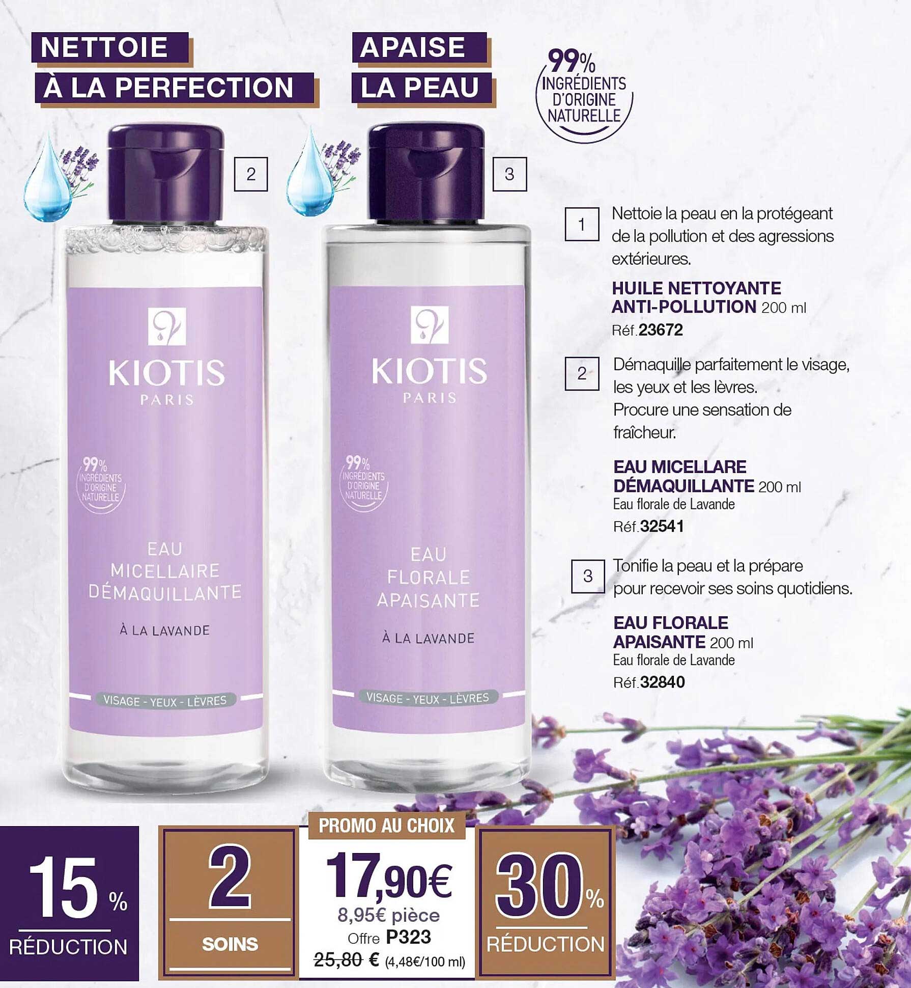 huile nettoyante anti-pollution kiotis, eau micellaire démaquillante kiotis, eau florale apaisante kiotis