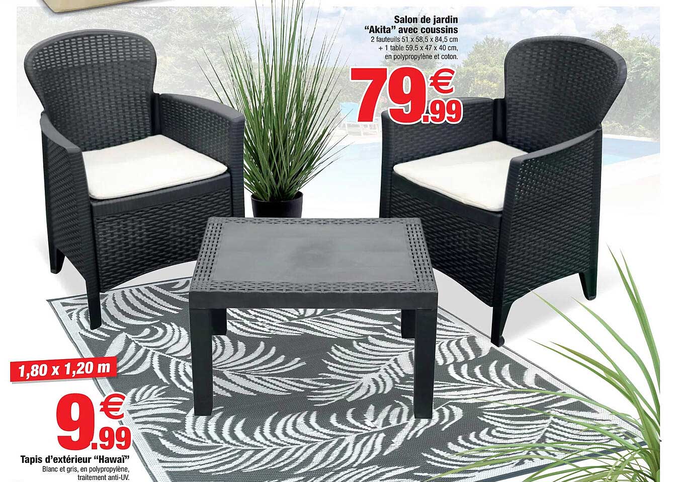 salon de jardin "akita" avec coussins, tapis d'extérieur "hawai"