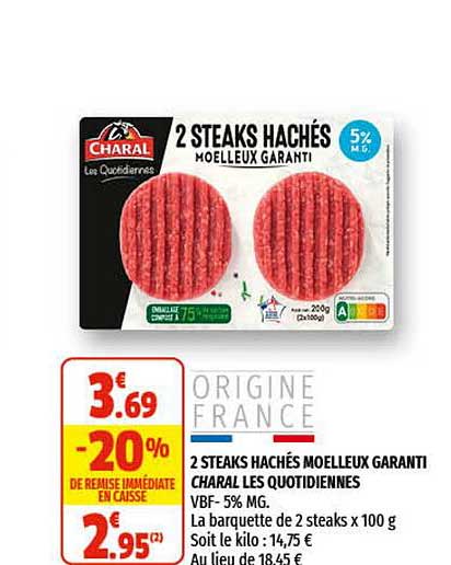 2 steaks hachés moelleux garanti charal les quotidiennes