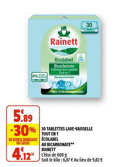 30 tablettes lave-vaisselle tout en 1 écolabel au bicarbonate rainett
