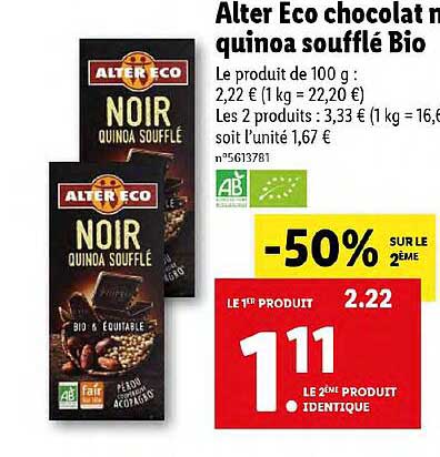 alter eco chocolat noir quinoa souffle bio