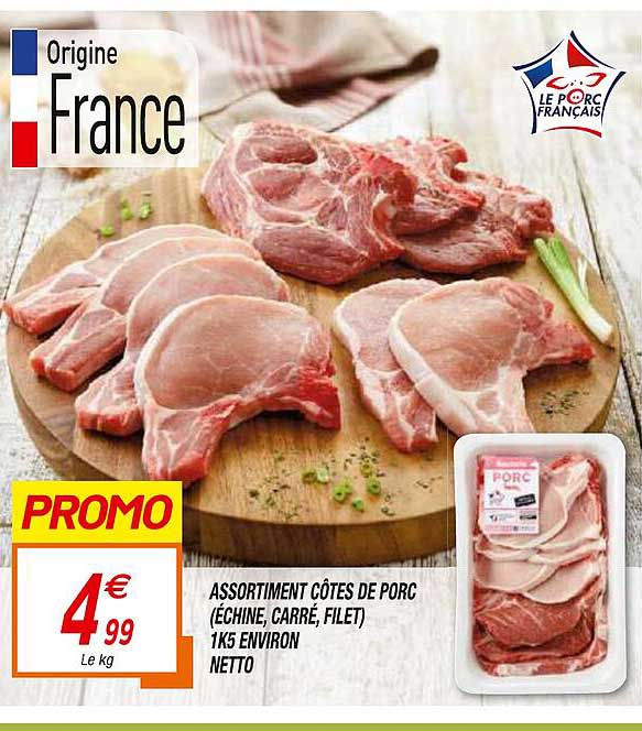 assortiment côtes de porc (échine, carré, filet) 1 k5 environ netto