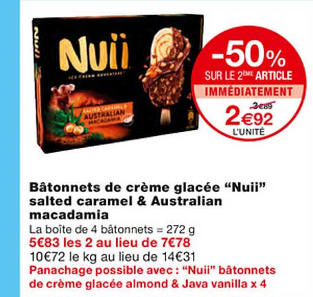 bâtonnets de crème glacée "nuii" salted caramel & australian macadamia