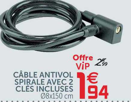 câble antivol spirale avec 2 clés incluses