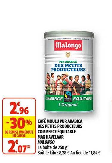 café moulu pur arabica des petits producteurs commerce équitable max havelaar malongo