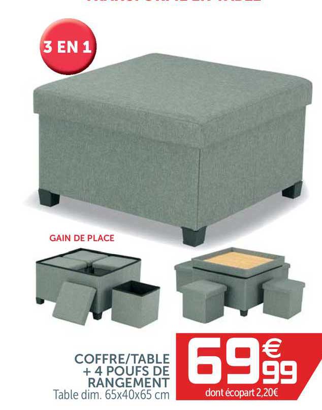 coffre table + 4 poufs de rangement
