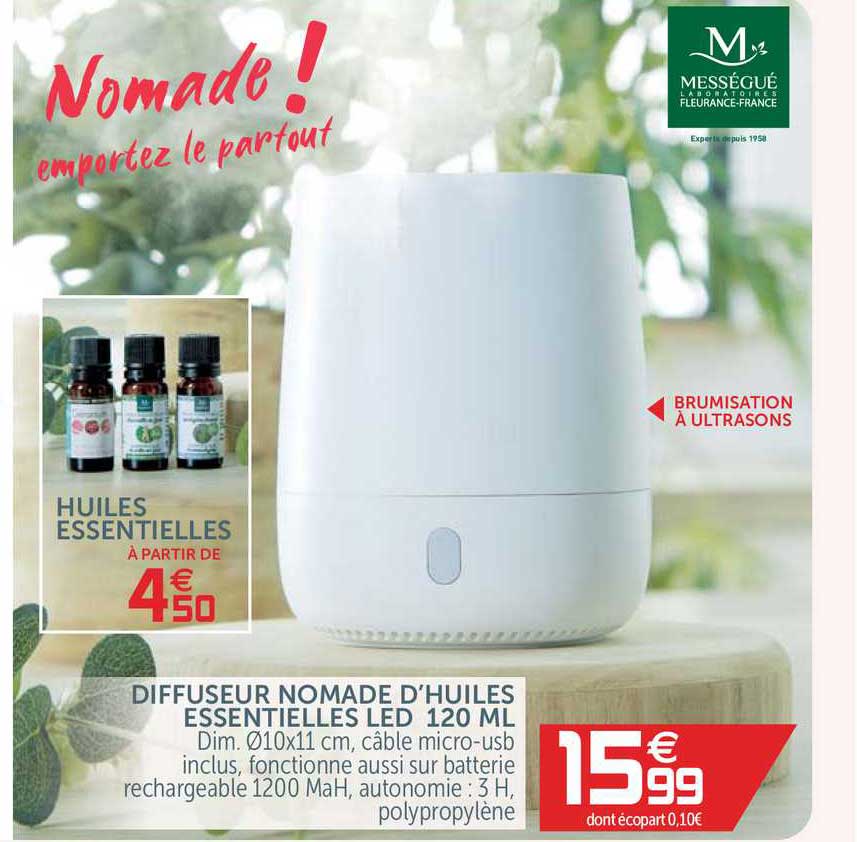 diffuseur nomade d'huiles essentielles led 120 ml
