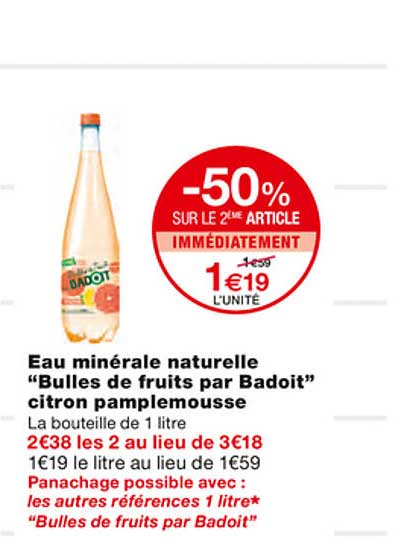eau minérale naturelle "bulles de fruits par badoit" citron pamplemousse