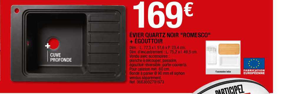 évier Quartz Noir "romesco" + égouttoir