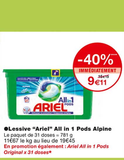 lessive "ariel" all in 1 pods alipine