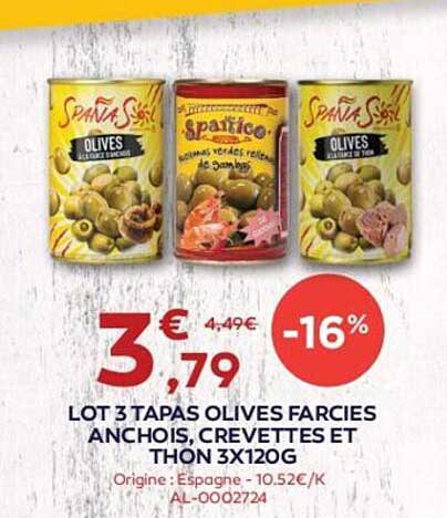 Lot 3 Tapas Olives Farcies Anchois, Crevettes Et Thon 3 X 120 G