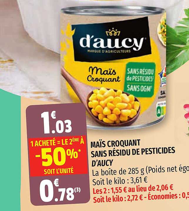 maïs croquant sans résidu de pesticides d'aucy
