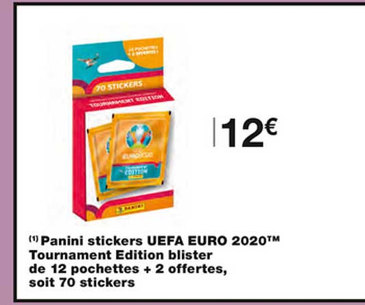 panini stickers uefa euro 2020 tournament edition blister de 12 pochettes + 2 offertes, soit 70 stickers