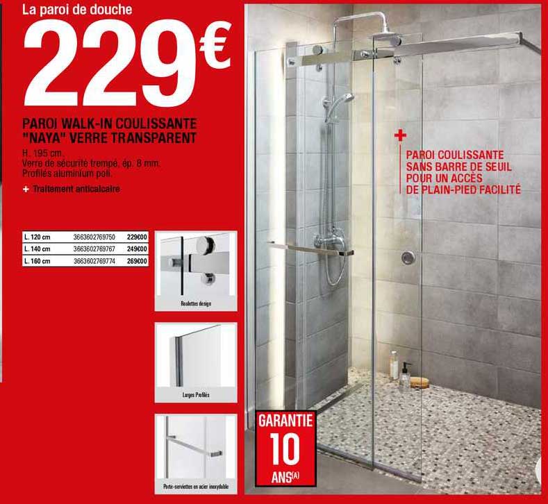 paroi walk-in coulissante "naya" verre transparent