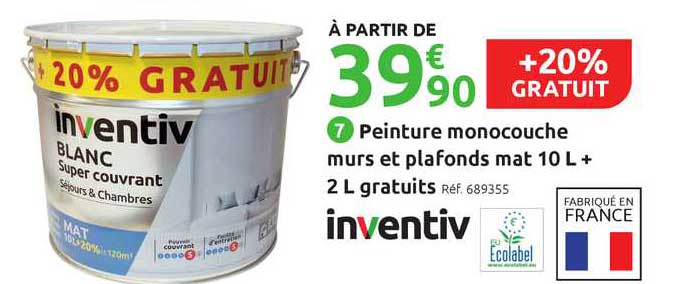 peinture monocouche murs et plafonds mat 10 l + 2 l gratuis +20% gratuit inventiv