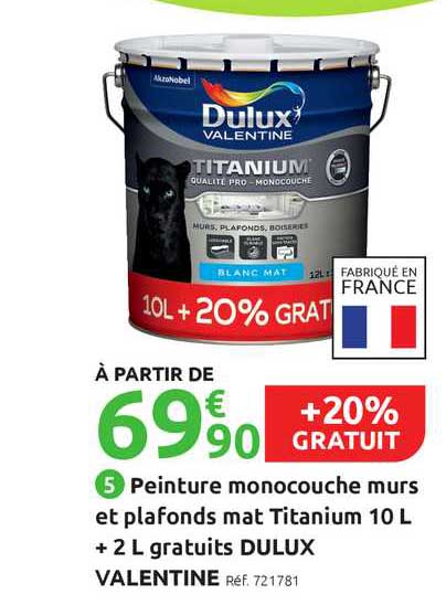 peinture monocouche murs et plafonds mat titanium 10 l + 2 l gratuis dulux valentine +20% gratuit