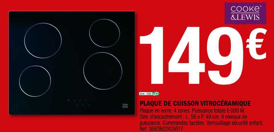 plaque de cuisson vitrocéramique cooke&lewis