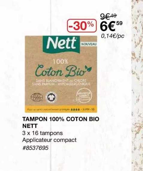 tampon 100% coton bio nett