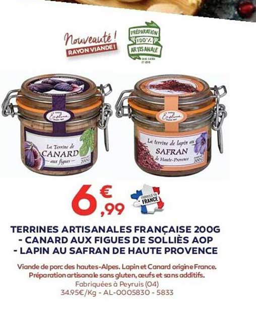 Terrines Artisanales Française 200 G - Canard Aux Figues De Solliès Aop - Lapin Au Safran De Haute Provence