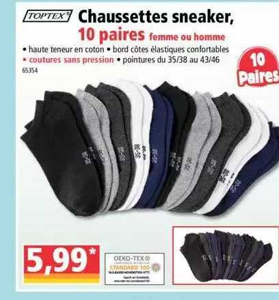 toptex chaussettes sneaker, 10 paires femme ou homme