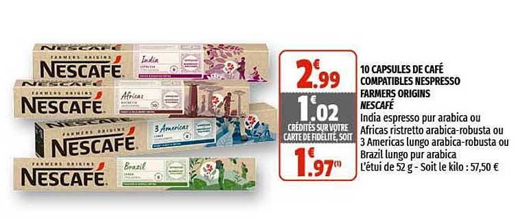 10 capsules de café compatibles nespresso farmers origins nescafé