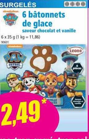 6 bâtonnets de glace saveur chocolat et vanille paw patrol