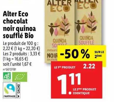alter eco chocolat noir quinoa soufflé bio