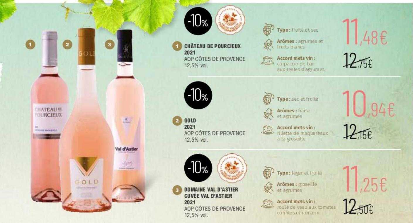 château de pourcieux 2021 aop côtes de provence, gold 2021 aop côtes de provence, domaine val d'astier cuvée val d'astier 2021 aop côtes de provence