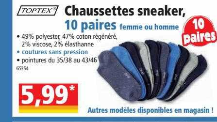 chaussettes sneaker, 10 paires femme ou homme toptex