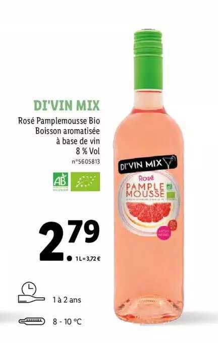 di'vin mix rosé pamplemousse bio boisson aromatisée à base de vin 8% vol.