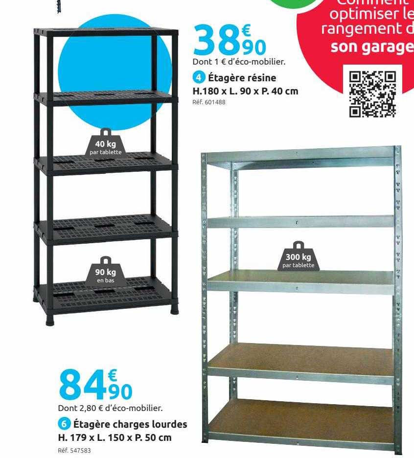 étagère résine h. 180 x l. 90 x p. 40 cm, étagère charges lourdes h. 179 x l. 150 x p. 50 cm