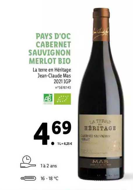 pays d'oc cabernet sauvignon merlot bio la terre en héritage jean-claude mas 2021 igp