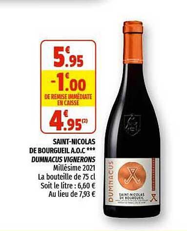 saint-nicolas de bourgueil a.o.c. dumnacus vignerons millésimé 2021