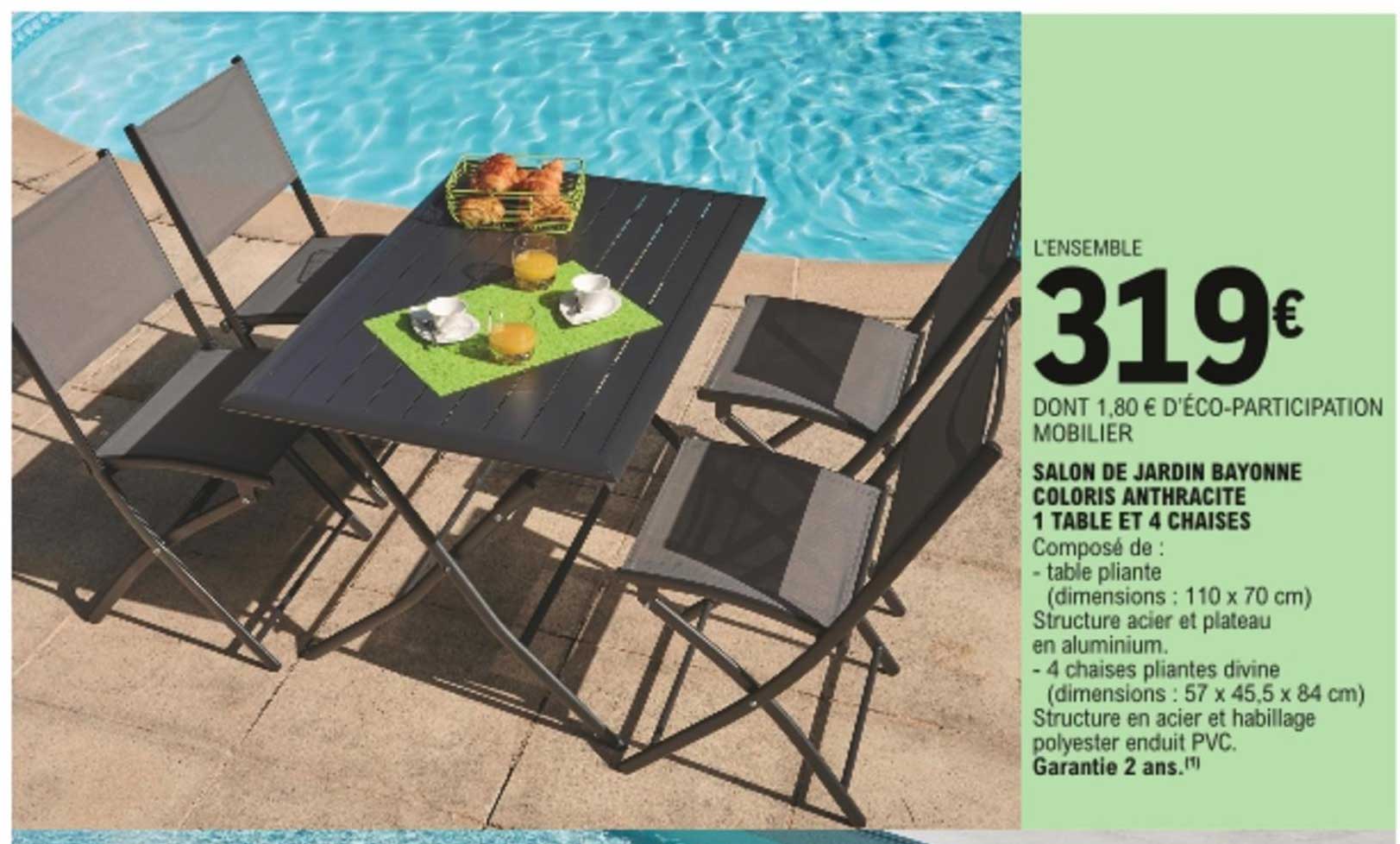 salon de jardin bayonne coloris anthracite 1 table et 4 chaises