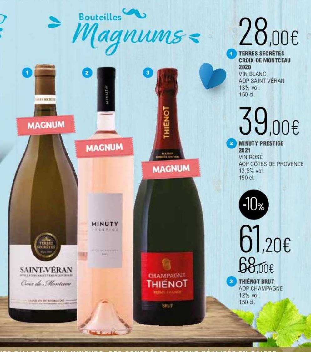 terres secrètes croix de montceau 2020 vin blanc aop véran, minuty prestige 2021 vin rosé aop côtes de provence, thiénot brut aop champagne