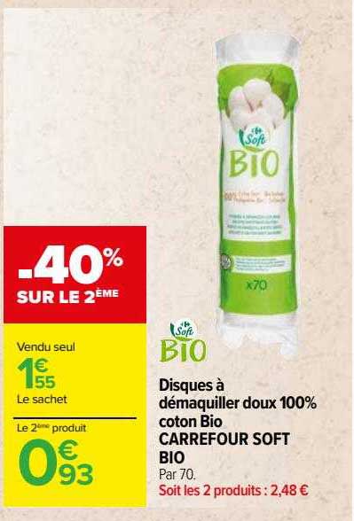 Disques à Démaquiller Doux 100% Coton Bio Carrefour Soft Bio