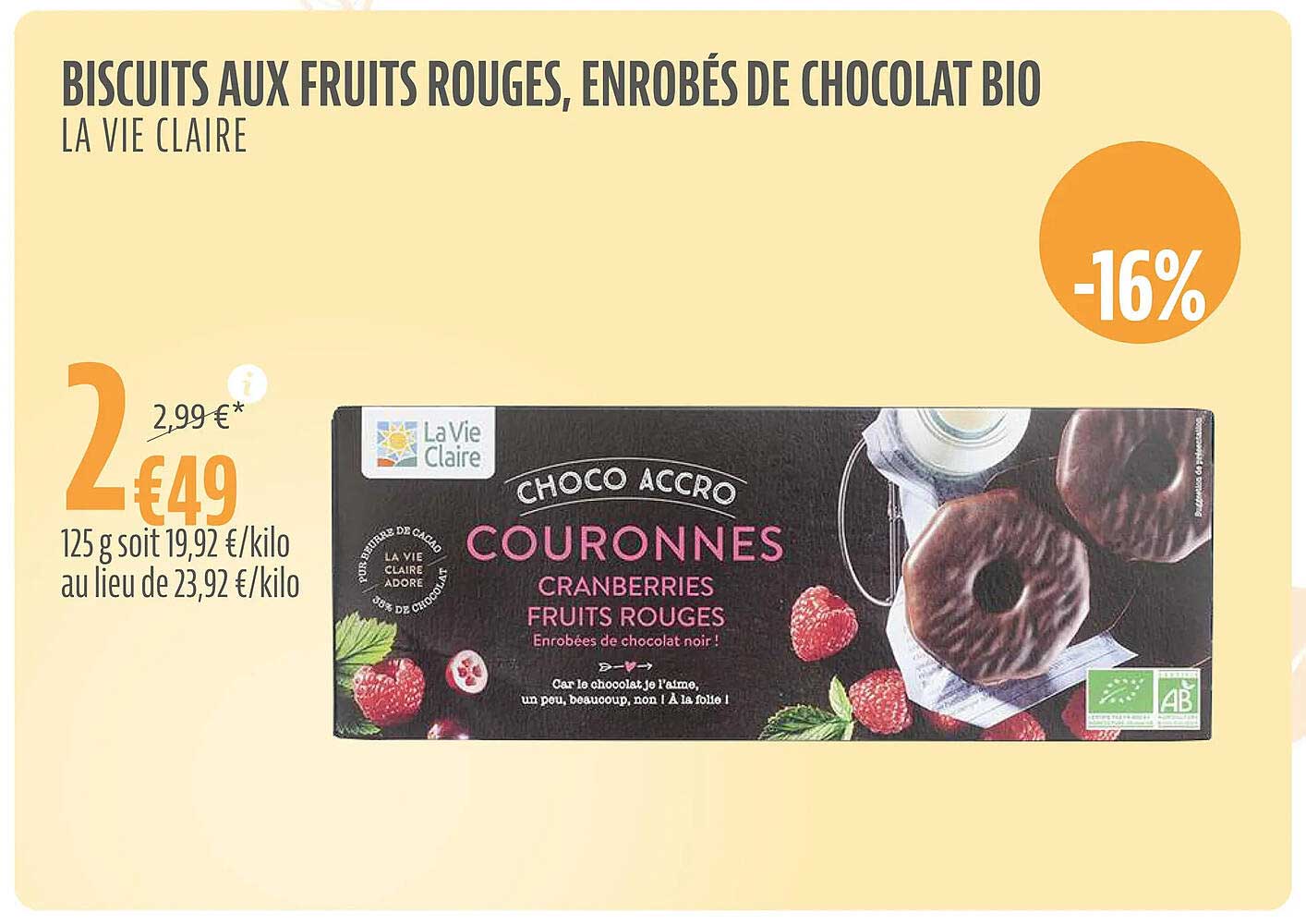 biscuits aux fruits rouges, enrobés de chocolat bio la vie claire