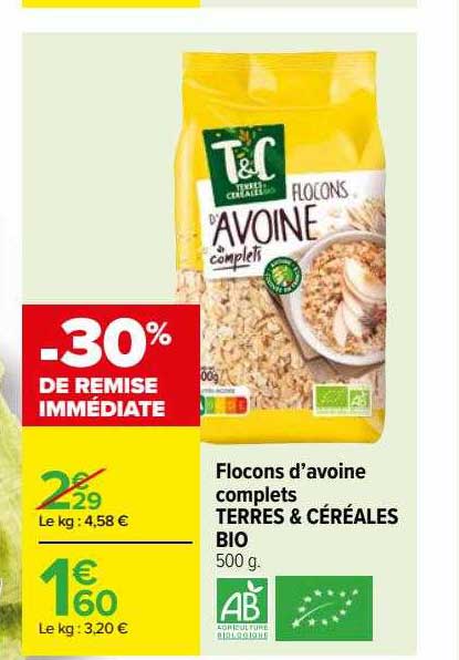 flocons d'avoine complets terres & céréales bio