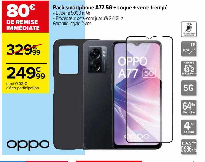 pack smartphone a77 5g + coque + verre trempé oppo