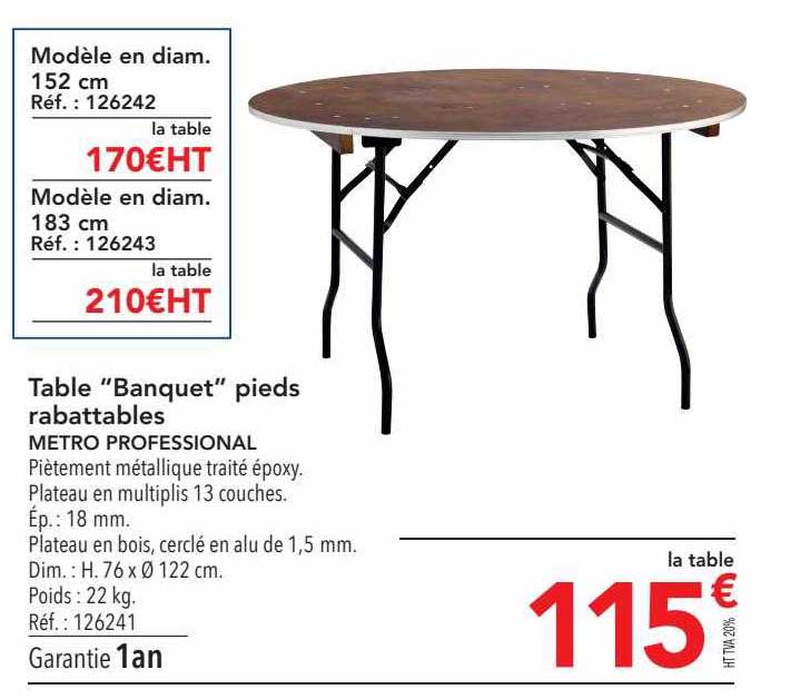 table "banquet" pieds rabattables metro professional
