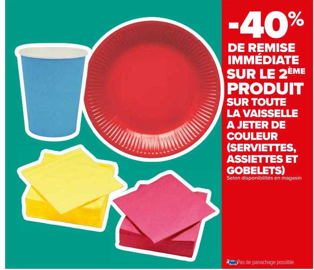 vaisselle à jeter de couleur (serviettes, assiettes et gobelets)